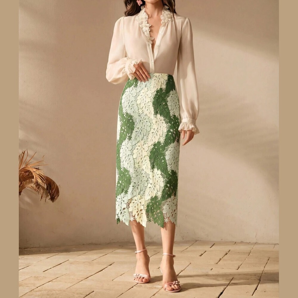 Green & White Lace Midi Skirt - Picture 6 of 7